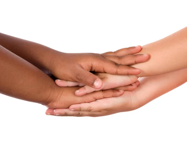 Ruce Různých Ras Dohromady Bílém Pozadí — Stock fotografie