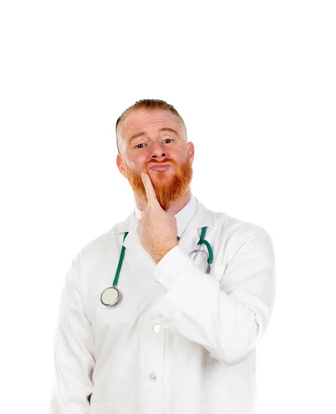 Médico Pensativo Com Vestido Médico Isolado Fundo Branco — Fotografia de Stock