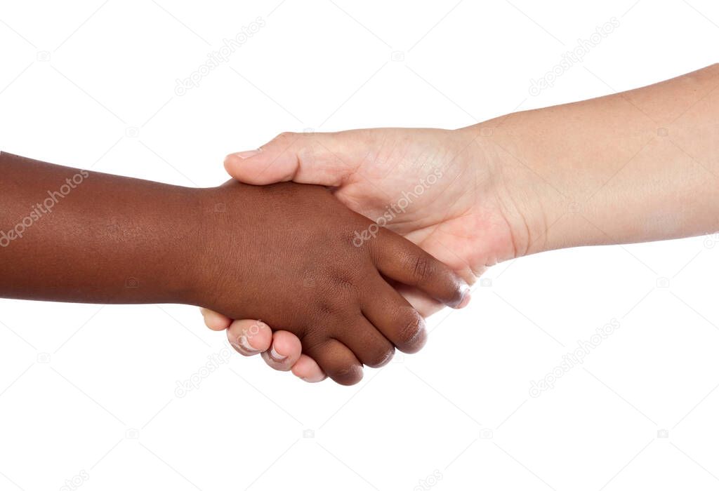 Hands of different races together on white background