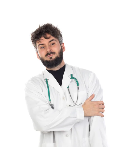 Jonge Arts Met Baard Draagt Een Medisch Gewaad Geïsoleerd Een — Stockfoto