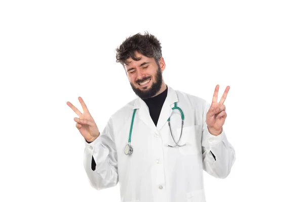 Молодий Лікар Бородою Медичній Сукні Ізольовано Білому Тлі — стокове фото