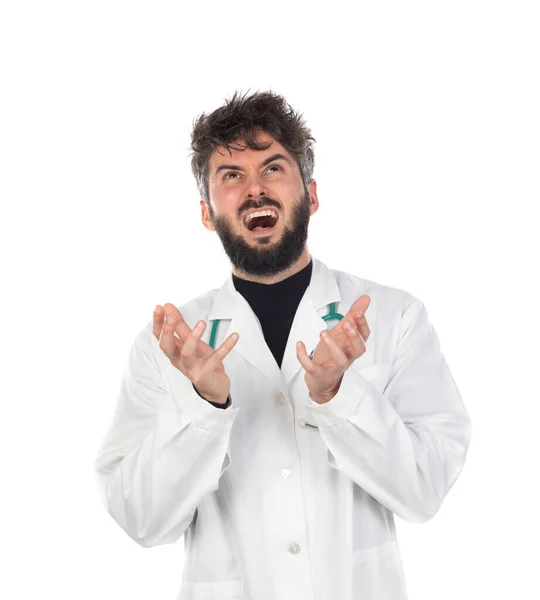 Young Doctor Beard Wearing Medical Gown Isolated White Background — Stock Photo, Image