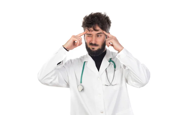 Junger Arzt Mit Bart Arztkittel Isoliert Auf Weißem Hintergrund — Stockfoto