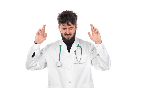 Young Doctor Beard Wearing Medical Gown Isolated White Background — Stock Photo, Image