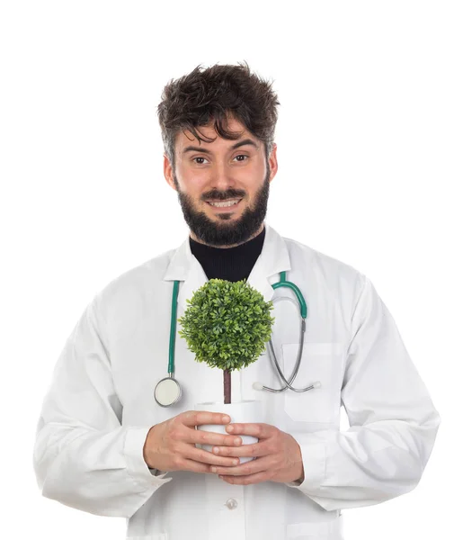 Joven Médico Con Barba Llevando Una Bata Médica Aislada Sobre —  Fotos de Stock