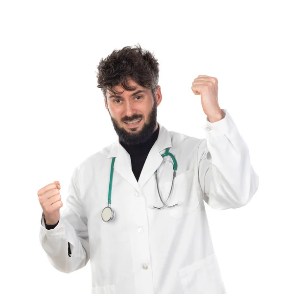 Young Doctor Beard Wearing Medical Gown Isolated White Background — Stock Photo, Image