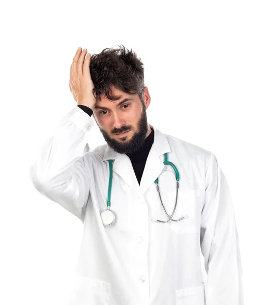 Jovem Médico Com Barba Vestindo Vestido Médico Isolado Fundo Branco — Fotografia de Stock