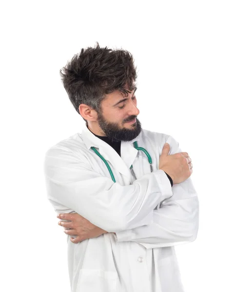 Jovem Médico Com Barba Vestindo Vestido Médico Isolado Fundo Branco — Fotografia de Stock