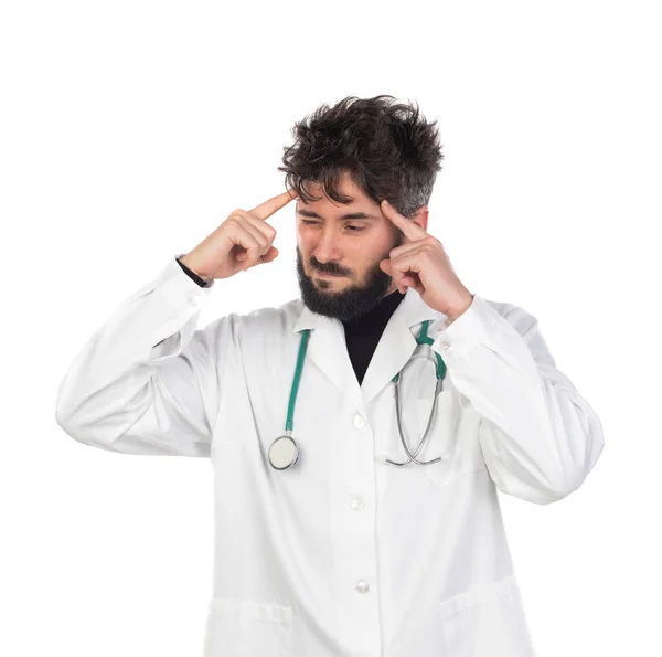 Jovem Médico Com Barba Vestindo Vestido Médico Isolado Fundo Branco — Fotografia de Stock