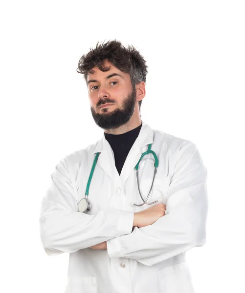 Ung Läkare Med Skägg Bär Medicinsk Klänning Isolerad Vit Bakgrund — Stockfoto