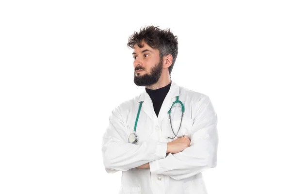 Jovem Médico Com Barba Vestindo Vestido Médico Isolado Fundo Branco — Fotografia de Stock