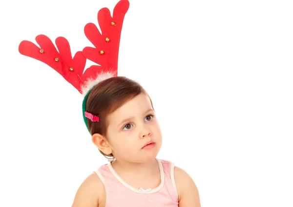 Funny Child Wearing Christmas Reindeer Horns Isolated White Background — Stock Photo, Image