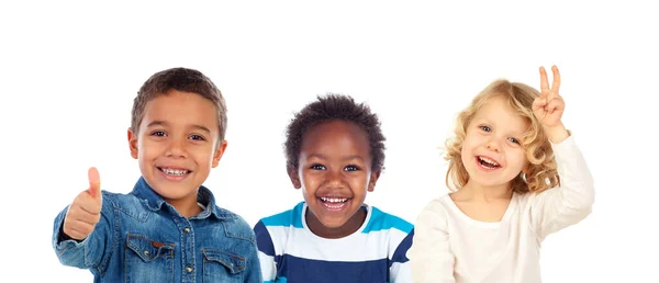 Drie Verschillende Kinderen Samen Geïsoleerd Een Witte Achtergrond — Stockfoto