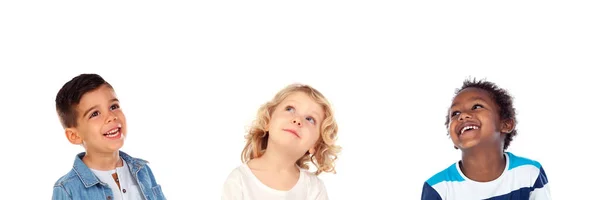 Drie Verschillende Kinderen Samen Geïsoleerd Een Witte Achtergrond — Stockfoto