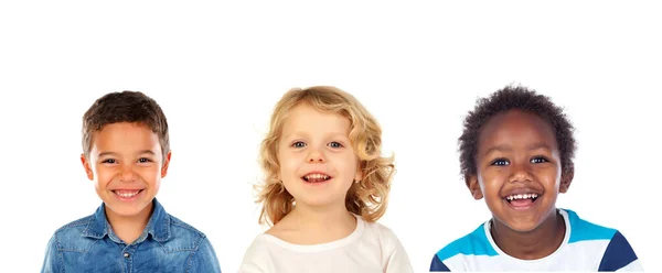 Drie Verschillende Kinderen Samen Geïsoleerd Een Witte Achtergrond — Stockfoto