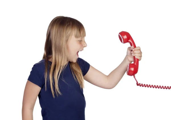 Divertente Bambina Gridare Con Telefono Rosso Isolato Sfondo Bianco — Foto Stock