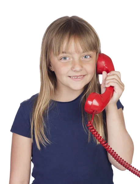 Αξιολάτρευτο Κορίτσι Ένα Κόκκινο Τηλέφωνο Απομονωμένο Λευκό Φόντο — Φωτογραφία Αρχείου