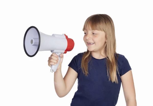 Lustige Mädchen Mit Einem Megafon Isoliert Auf Weißem Hintergrund — Stockfoto