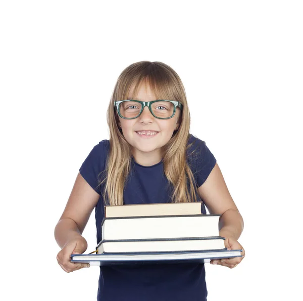 Mooie Kleine Student Met Bril Veel Boeken Geïsoleerd Witte Achtergrond — Stockfoto