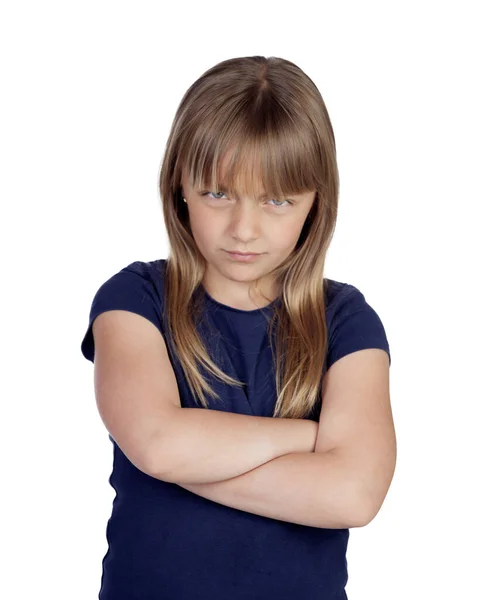 Θυμωμένο Κορίτσι Σταυρωμένα Χέρια Απομονωμένο Λευκό Φόντο — Φωτογραφία Αρχείου