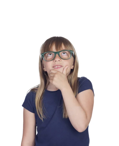 Pensive Mädchen Mit Blonden Haaren Und Brille Isoliert Auf Weißem — Stockfoto