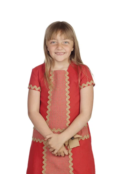 Schattig Kind Met Een Elegante Rode Jurk Geïsoleerd Witte Achtergrond — Stockfoto