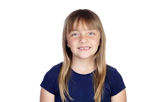 Menina Engraçada Com Novos Dentes Isolados Fundo Branco — Fotografia de Stock