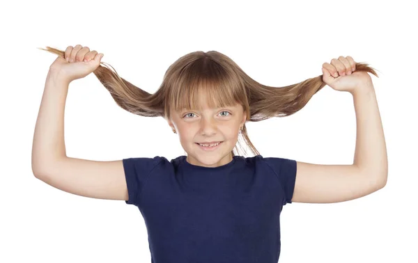 Lustige Kind Stretchin Lange Haare Isoliert Auf Weißem Hintergrund — Stockfoto