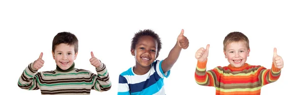 Gelukkige Klasgenoten Zeggen Met Hun Duimen Omhoog Geïsoleerd Een Witte — Stockfoto