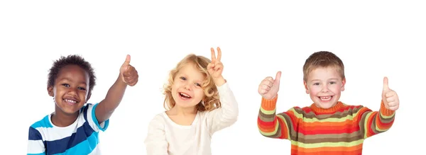Счастливые Одноклассники Говорят Большими Пальцами Вверх Изолированы Белом Фоне — стоковое фото