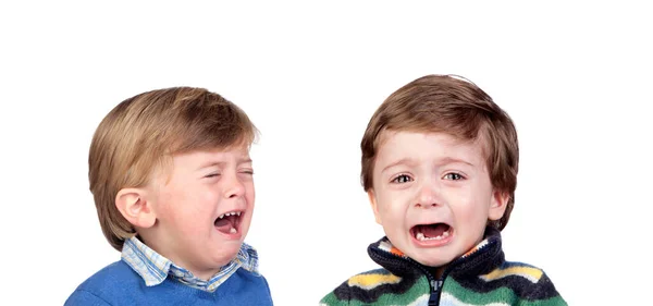 Crianças Infelizes Chorando Isoladas Fundo Branco — Fotografia de Stock