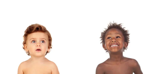 Dos Adorables Niños Diferentes Razas Aislados Sobre Fondo Blanco — Foto de Stock