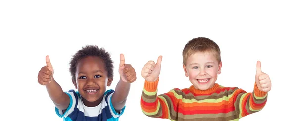 Gelukkige Klasgenoten Zeggen Met Hun Duimen Omhoog Geïsoleerd Een Witte — Stockfoto