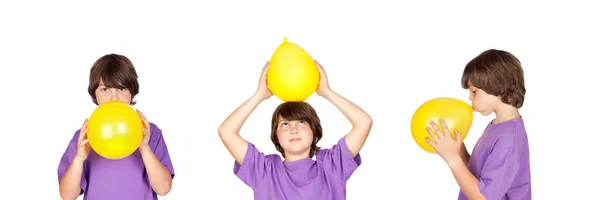 Tři Obrázky Chlapce Hrajícího Žlutým Balónem Izolovaným Bílém Pozadí — Stock fotografie