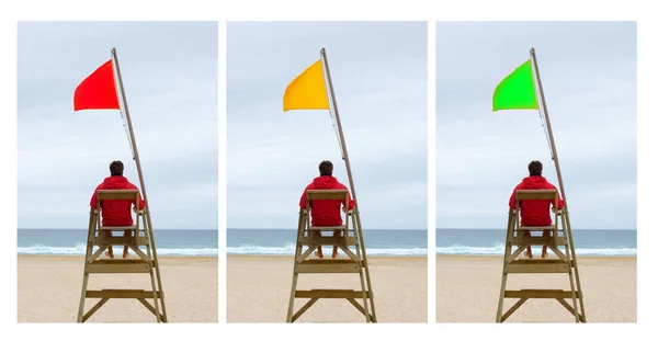 Três Opções Praia Salva Vidas Sentado Com Três Bandeiras Diferentes — Fotografia de Stock