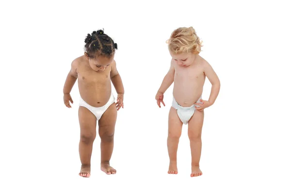 Schöne Babys Windeln Stehen Isoliert Auf Weißem Hintergrund — Stockfoto