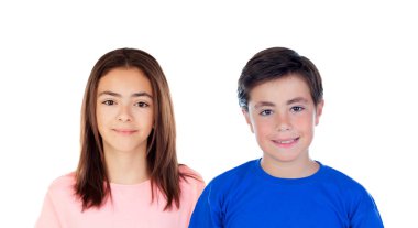 Kameraya bakan iki sevimli genç beyaz bir arka planda izole edilmiş.