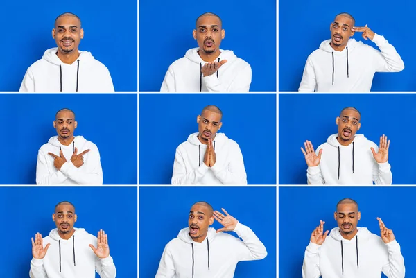 Varias Imágenes Hombre Afroamericano Haciendo Gestos Sobre Fondo Azul — Foto de Stock
