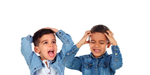 Crianças Gesticulando Diferentes Expressões Isoladas Fundo Branco — Fotografia de Stock