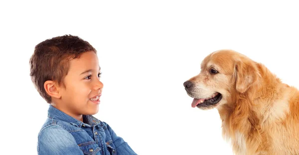 Criança Latina Olhando Para Seu Cão Isolado Fundo Branco — Fotografia de Stock