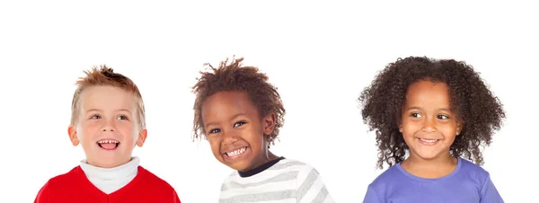 Tre Bambini Diversi Che Guardano Una Telecamera Isolata Uno Sfondo — Foto Stock