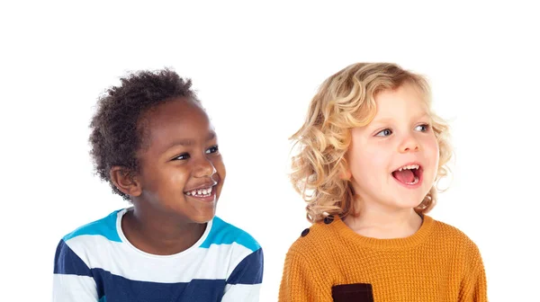 Two Adorable Children Different Races Isolated White Background — Stock Photo, Image