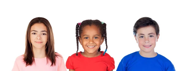 Tři Různé Děti Při Pohledu Kameru Izolované Bílém Pozadí — Stock fotografie