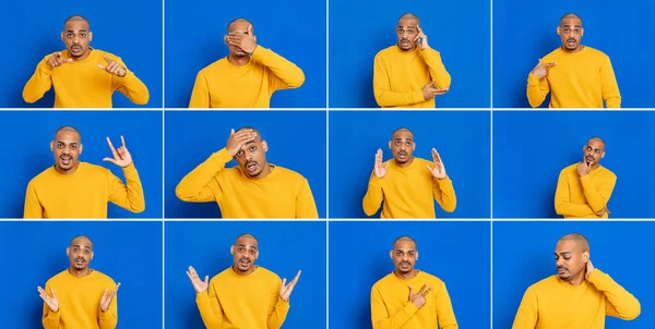 Mehrere Bilder Eines Afroamerikanischen Mannes Der Auf Blauem Hintergrund Gestikuliert — Stockfoto