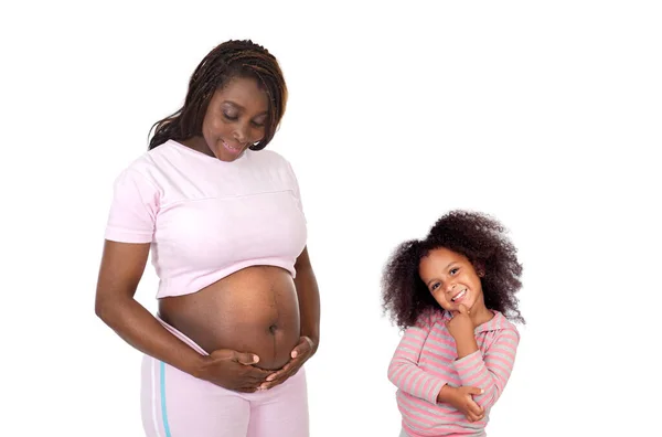 Zwangere Vrouw Met Haar Dochter Geïsoleerd Witte Achtergrond — Stockfoto