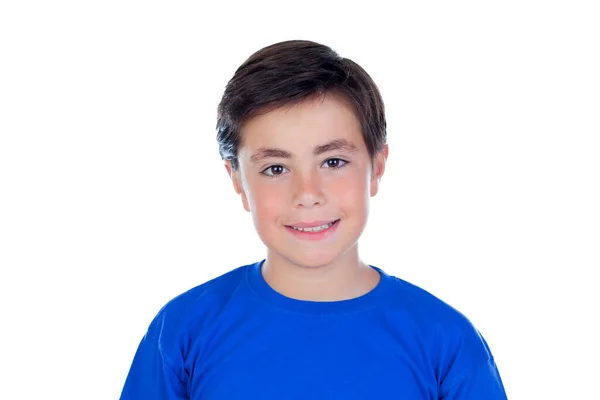 Criança Adorável Com Camiseta Azul Olhando Para Câmera Isolada Fundo — Fotografia de Stock