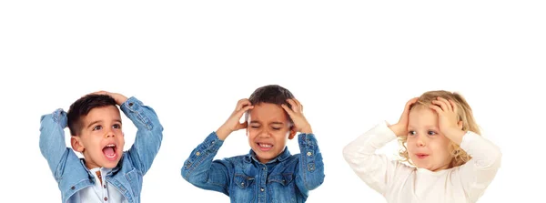 Crianças Gesticulando Diferentes Expressões Isoladas Fundo Branco — Fotografia de Stock