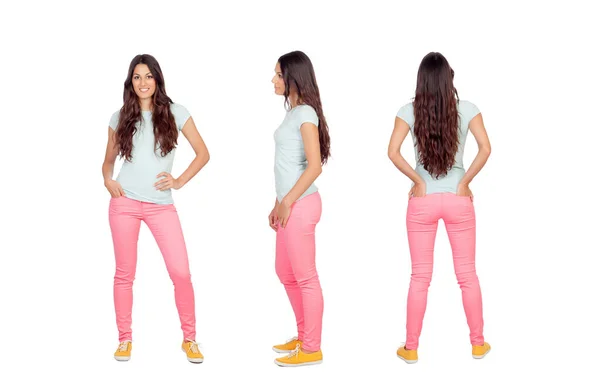 Casual Hermosa Chica Con Pantalones Color Rosa Aislados Sobre Fondo — Foto de Stock