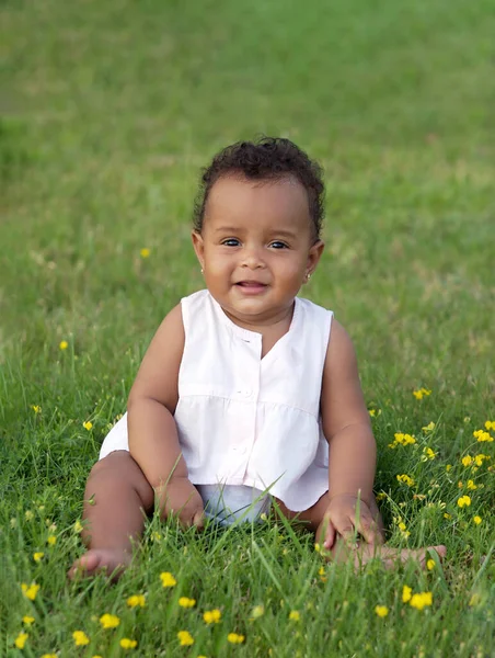 Adorável Bebê Afro Americano Sentado Grama — Fotografia de Stock