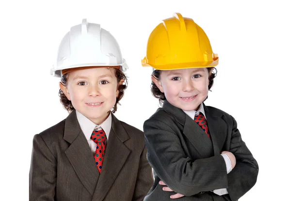 头戴头盔的孩子就像被白色背景隔离的工程师 — 图库照片